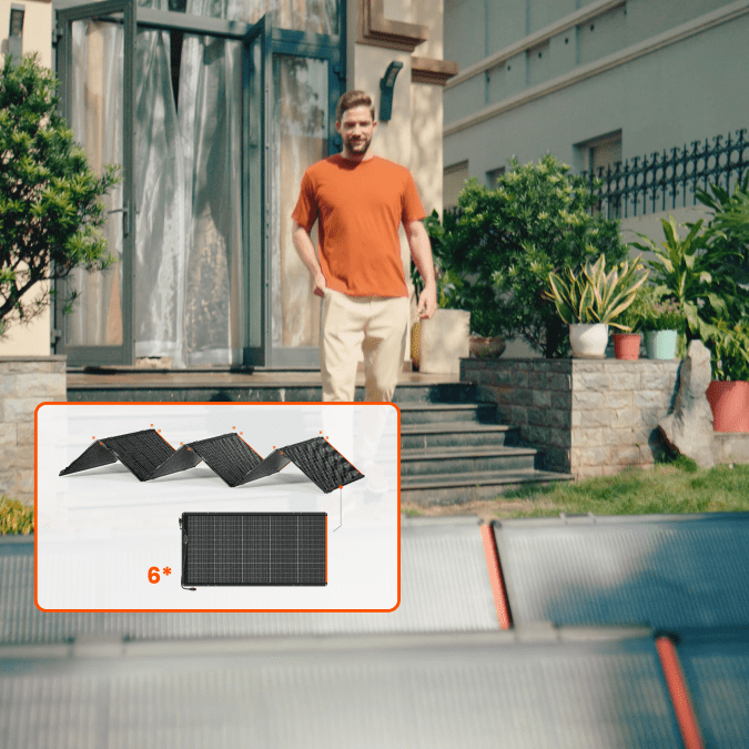 A person in an orange shirt walks outside near potted plants and steps. In the foreground, Jackery SolarSaga 500X portable solar panels offer high power, with an inset diagram featuring six panels.