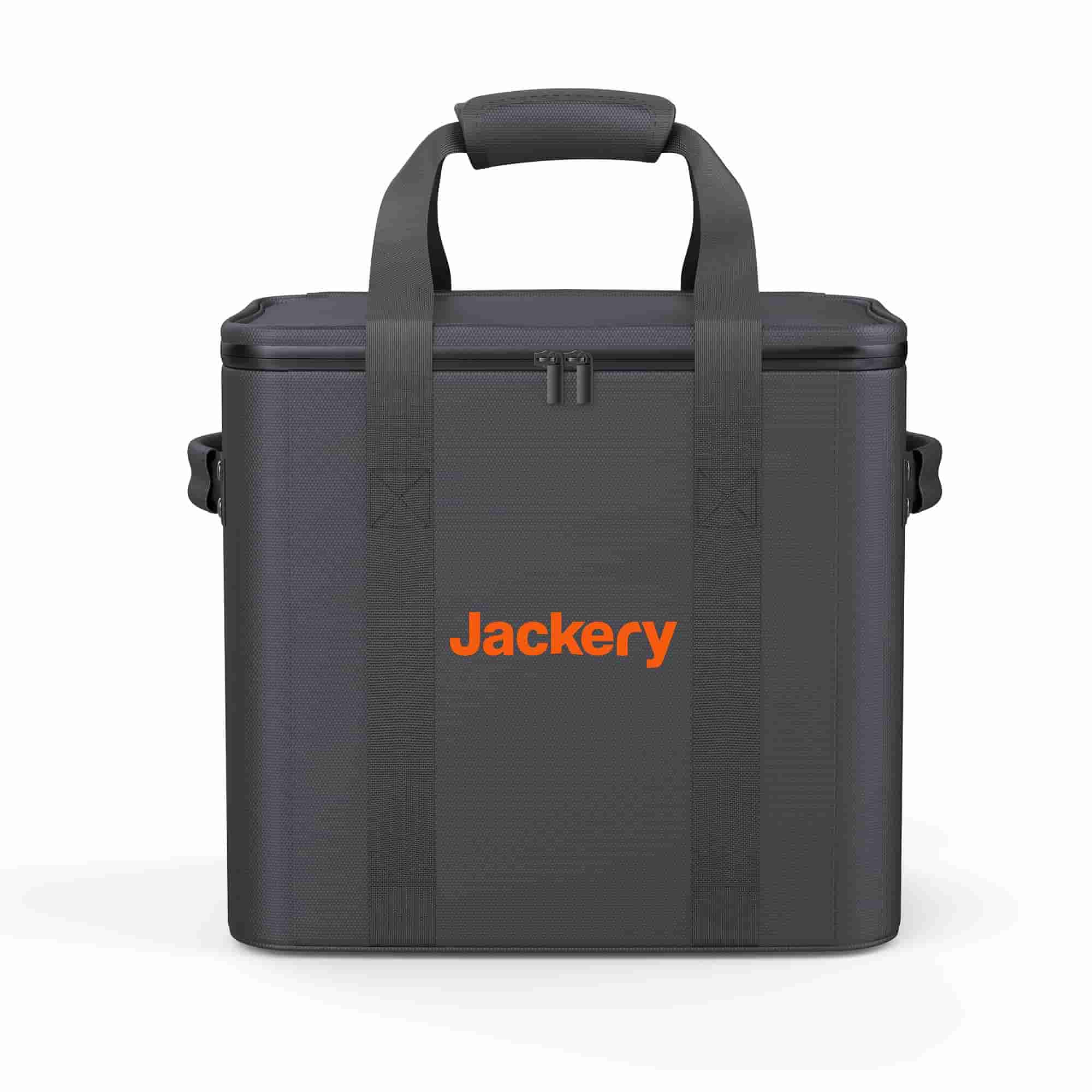 The Jackery black soft-sided travel case features a zipper, dual handles—including a padded top handle—and "Jackery" in orange on the front, making it perfect for storing or carrying your outdoor power station.