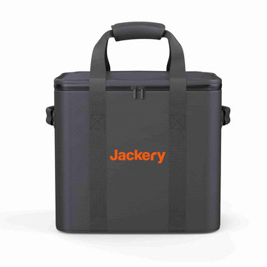 The Jackery black soft-sided travel case features a zipper, dual handles—including a padded top handle—and "Jackery" in orange on the front, making it perfect for storing or carrying your outdoor power station.