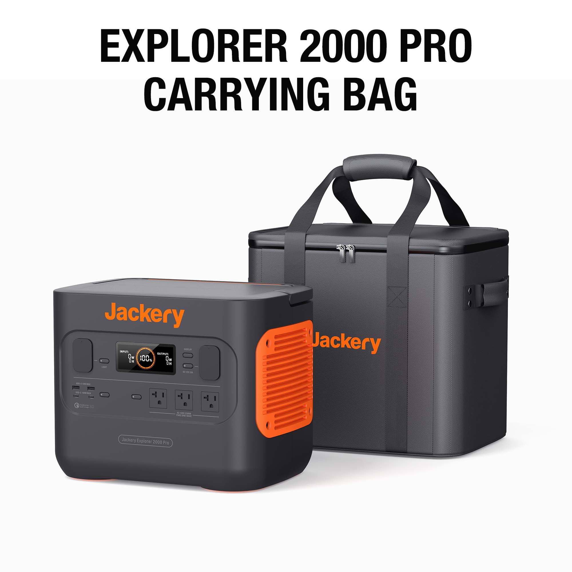 A Jackery Explorer 2000 Pro portable power station sits next to a gray and orange Jackery-branded carrying bag, with the text "EXPLORER 2000 PRO CARRYING BAG" displayed above.
