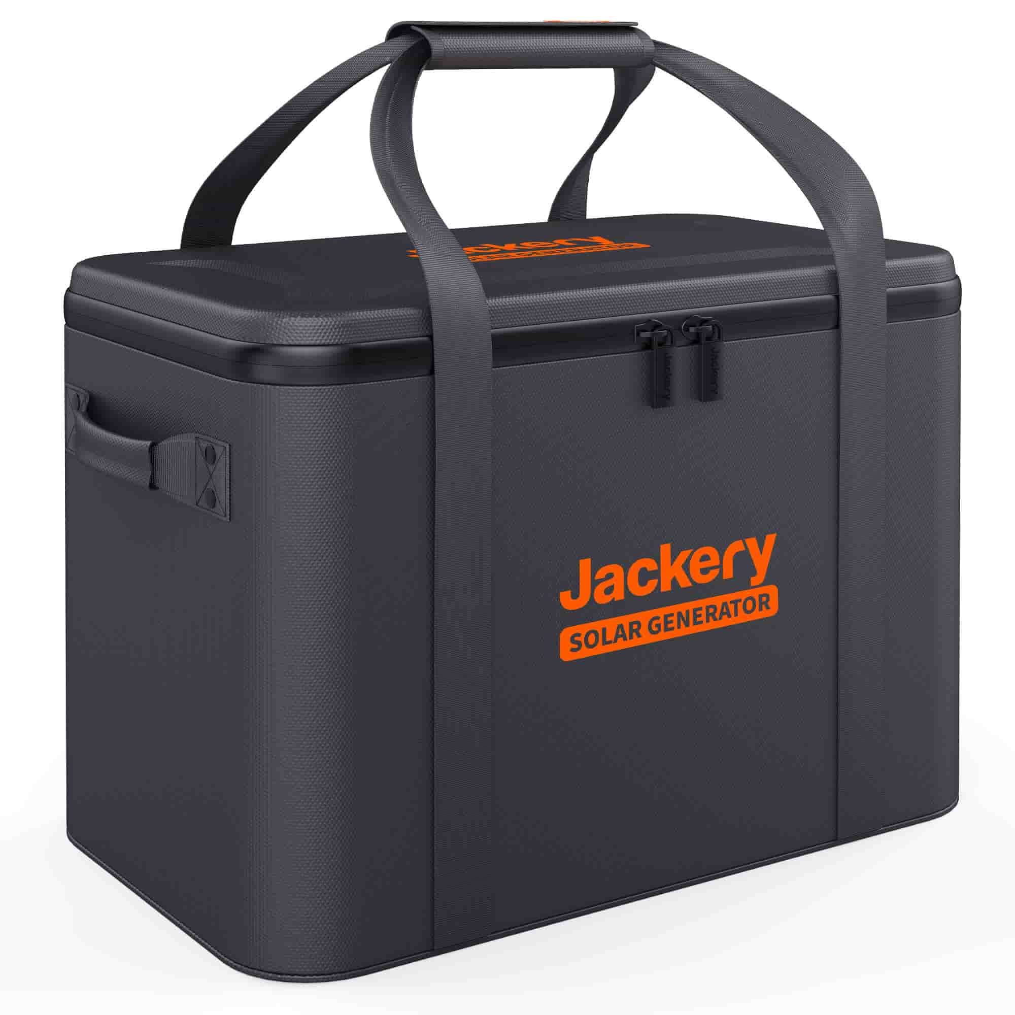A black Jackery Explorer bag with two handles, a zipper, orange "Jackery Solar Generator" text on the front, and a rectangular design offers convenient portable storage for your power station. Brand: Jackery.