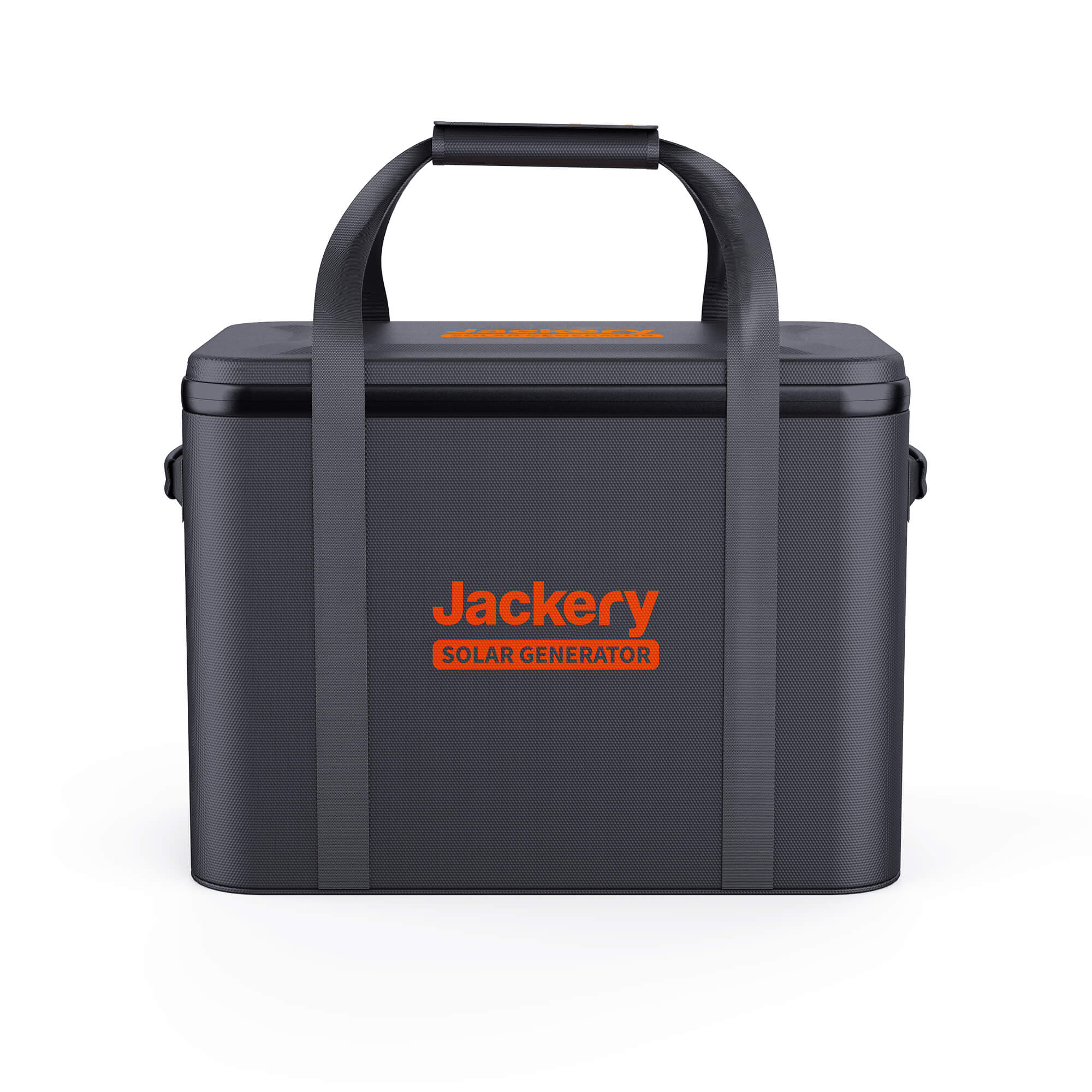 The Jackery Explorer bag is a black, rectangular case with a top handle and two straps, branded "Jackery Solar Generator" in orange on the front. Its sleek design stands out against a plain white background.
