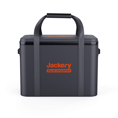 The Jackery Explorer bag is a black, rectangular case with a top handle and two straps, branded "Jackery Solar Generator" in orange on the front. Its sleek design stands out against a plain white background.
