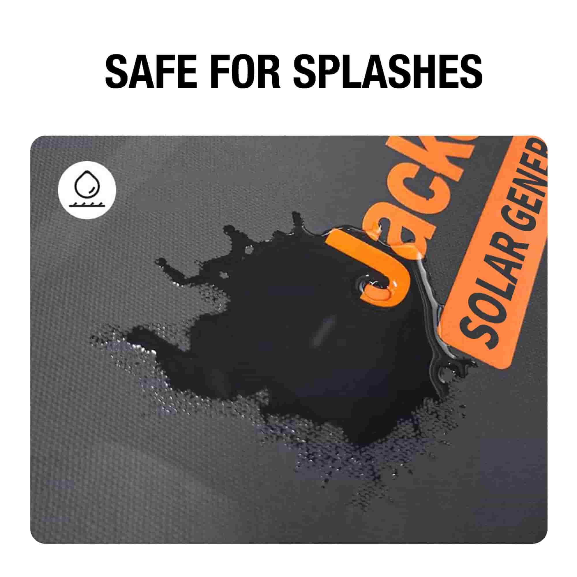 A close-up of water splashing on a dark surface shows the Jackery brand logo partially visible, with "SAFE FOR SPLASHES" above and a water droplet icon, highlighting the portable storage bag that keeps your power station dry.
