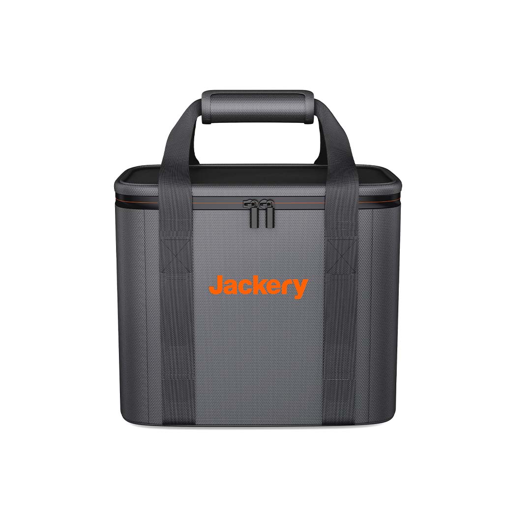 A soft-sided, gray rectangular Jackery power station bag with black handles, zippers, and an orange "Jackery" logo on the front. It features a reinforced top handle for easy transport.