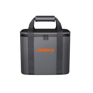 A soft-sided, gray rectangular Jackery power station bag with black handles, zippers, and an orange "Jackery" logo on the front. It features a reinforced top handle for easy transport.