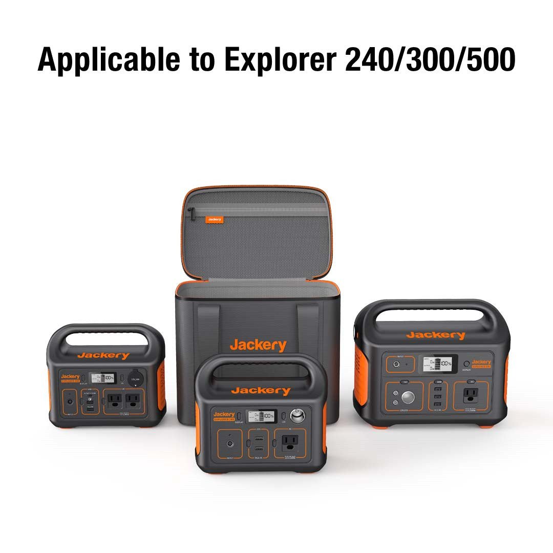 Three Jackery portable power stations—Explorer 240, 300, and 500—are shown with a Jackery Explorer bag in the background. Text above states "Applicable to Explorer 240/300/500." All products are set against a clean white backdrop.