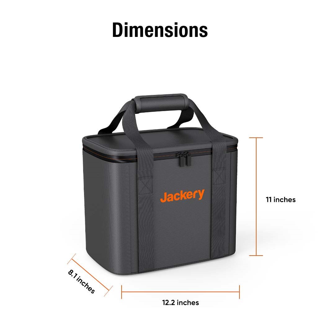 A grey Jackery bag with black straps and handle is shown, measuring 11" tall, 12.2" wide, and 8.1" deep. The orange Jackery logo stands out on this accessory case—ideal for organizing portable power station gear.