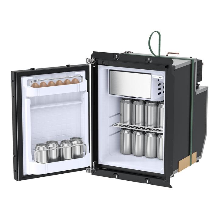 Open the ICECO Wholesale black mini-fridge with a SECOP DC compressor to reveal canned beverages and eggs on the door. Its compact design features a top freezer compartment, making it an ideal 2-in-1 fridge/freezer for tight spaces or travel needs, perfect as a truck freezer.