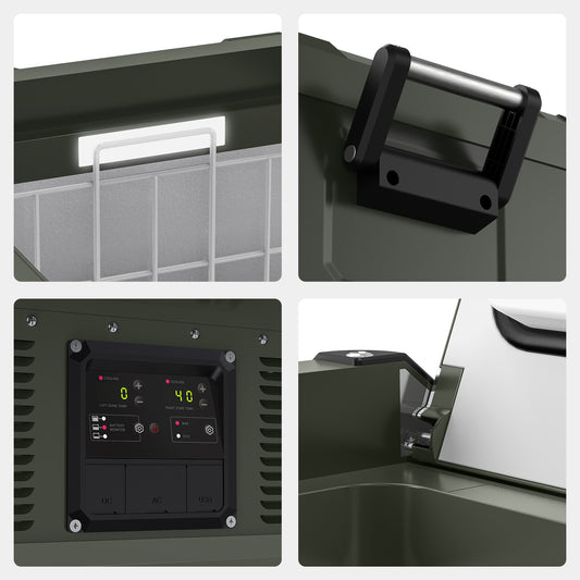 Collage of four images highlighting a 12v refrigerator from ICECO Wholesale with rugged construction. Top left: interior basket featuring a handle. Top right: black handle on the lid. Bottom left: digital control panel. Bottom right: hinge and corner detail of the lid, equipped with a Secop compressor for optimal performance.