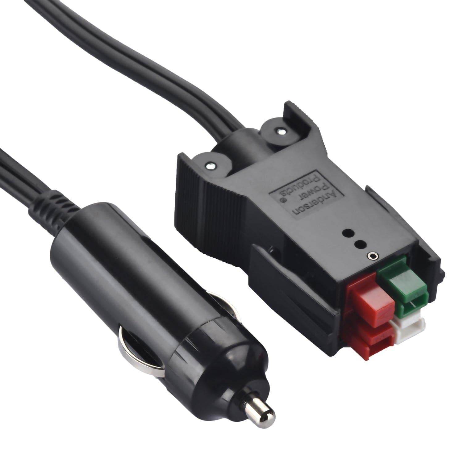 A Nature's Generator black car charger cigarette lighter plug connects to a Nature's Generator lithium car kit adapter with red, green, and white push-in connectors; both are attached to black cables.