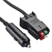 A Nature's Generator black car charger cigarette lighter plug connects to a Nature's Generator lithium car kit adapter with red, green, and white push-in connectors; both are attached to black cables.