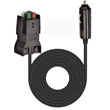 The Nature's Generator coiled black power cable kit features a car cigarette lighter adapter on one end and a rectangular connector with red and green buttons, compatible as a car charger for Nature's Generator Lithium. Displayed on a white background.