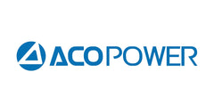 AcoPower logo featuring a stylized triangular design on the left and the text "ACO POWER" in blue. The background is white.