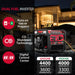 A PowerSmart dual fuel generator is shown outdoors at night, powering a house. Text highlights gas or propane use, CO shutdown tech, digital control center, and wattage specs for both gasoline and propane.