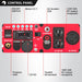 A PowerSmart red portable generator control panel featuring ON/OFF switch, Meter V.F.T, AC breaker 20A, 120V 30A/20A outlets, DC breaker, 12V DC outlet, propane inlet, ECO switch, and parallel kit terminal.