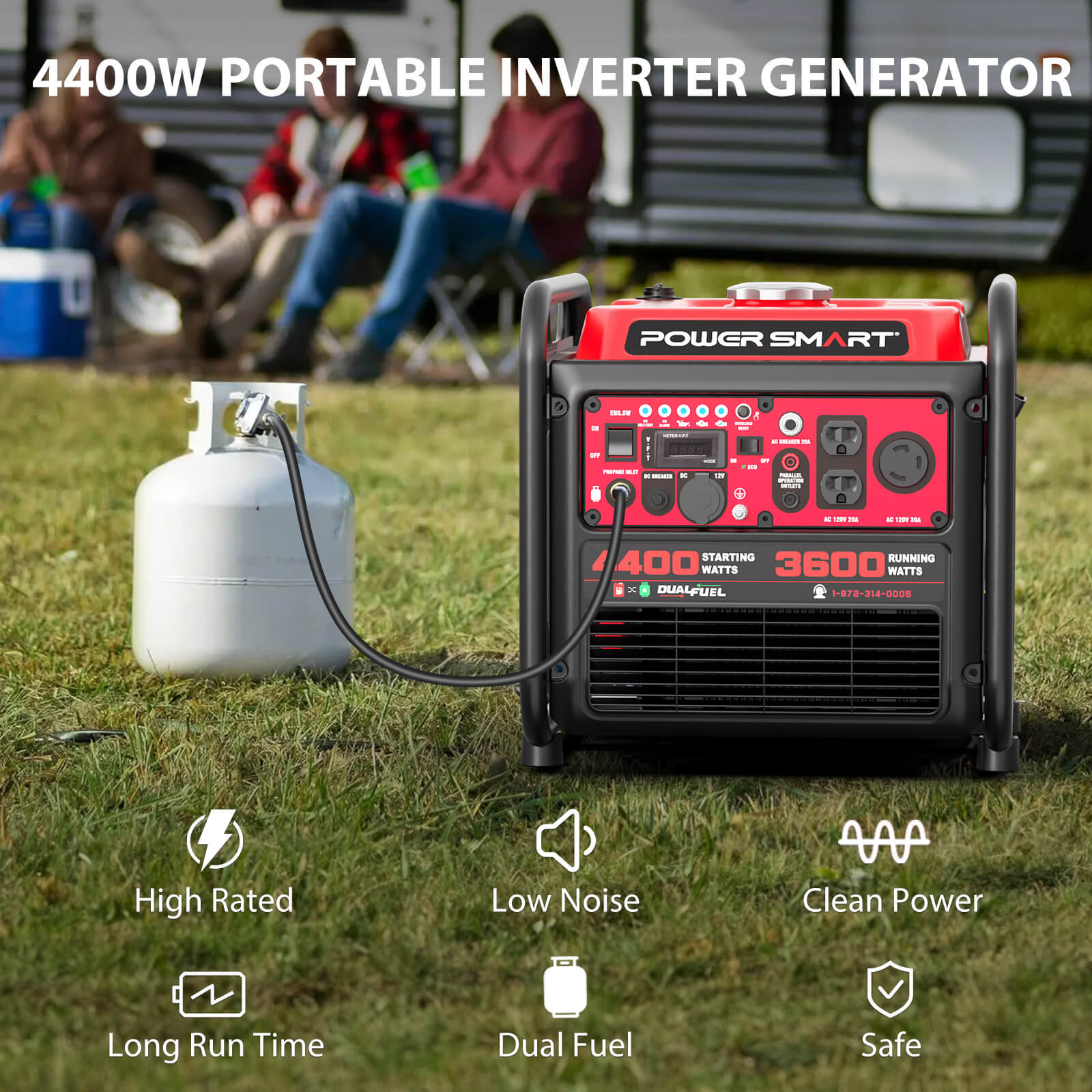 A red PowerSmart 4400W dual fuel generator is hooked up to a propane tank outdoors, with an RV and two people nearby. Icons display its high rating, low noise, clean power, extended run time, and versatility.