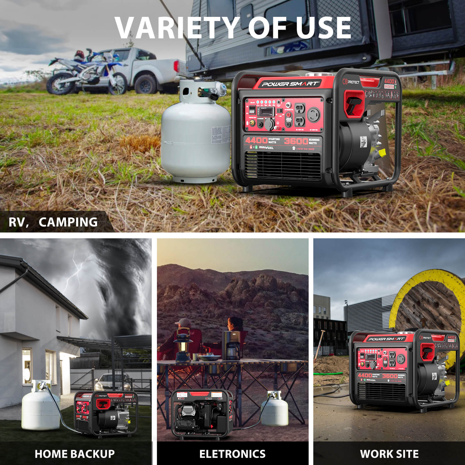 A PowerSmart dual fuel generator is shown powering an RV, used for camping, providing backup power to a house, charging electronics, and supplying electricity at a work site. Text labels highlight each application.