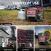 A PowerSmart dual fuel generator is shown powering an RV, used for camping, providing backup power to a house, charging electronics, and supplying electricity at a work site. Text labels highlight each application.