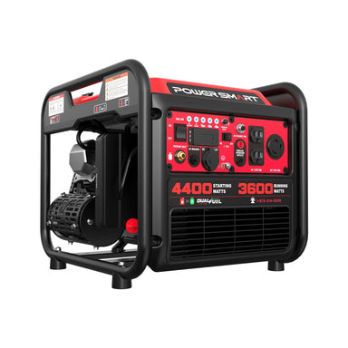 The PowerSmart red and black portable dual fuel generator delivers 4400 starting watts and 3600 running watts. With multiple outlets, a control panel, and handles, it’s an ideal RV generator.