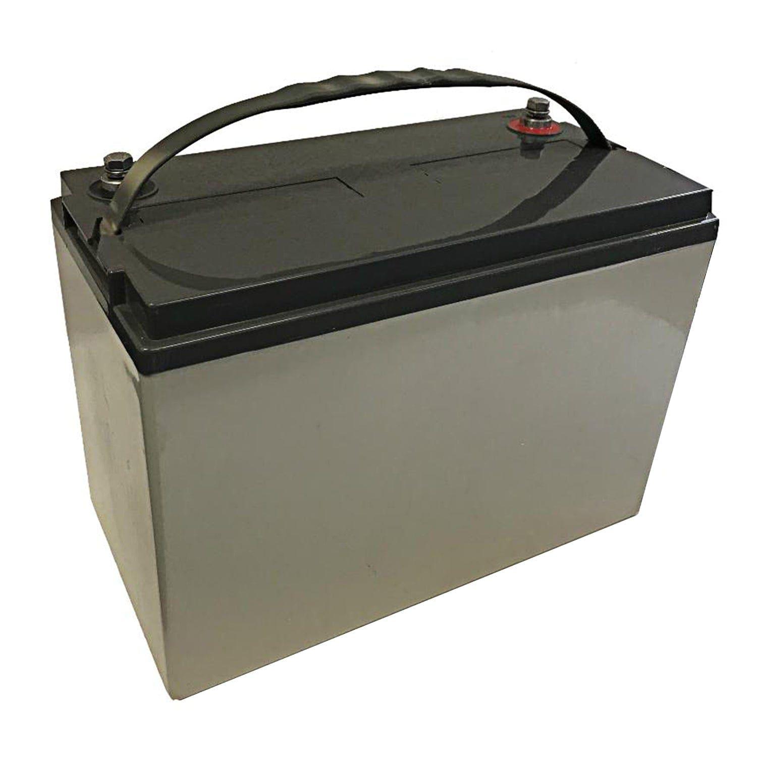 A rectangular 12V 100Ah AGM battery by Nature's Generator with a black top, two terminal posts, and a black handle. The light gray body sits against a white background. This sealed lead acid battery suits reliable deep cycle use.