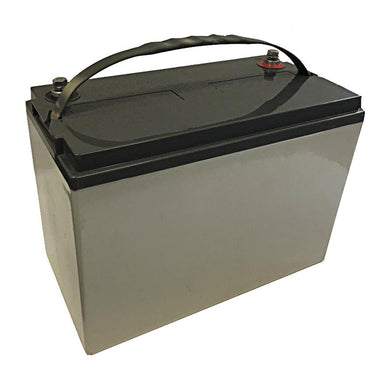 A rectangular 12V 100Ah AGM battery by Nature's Generator with a black top, two terminal posts, and a black handle. The light gray body sits against a white background. This sealed lead acid battery suits reliable deep cycle use.