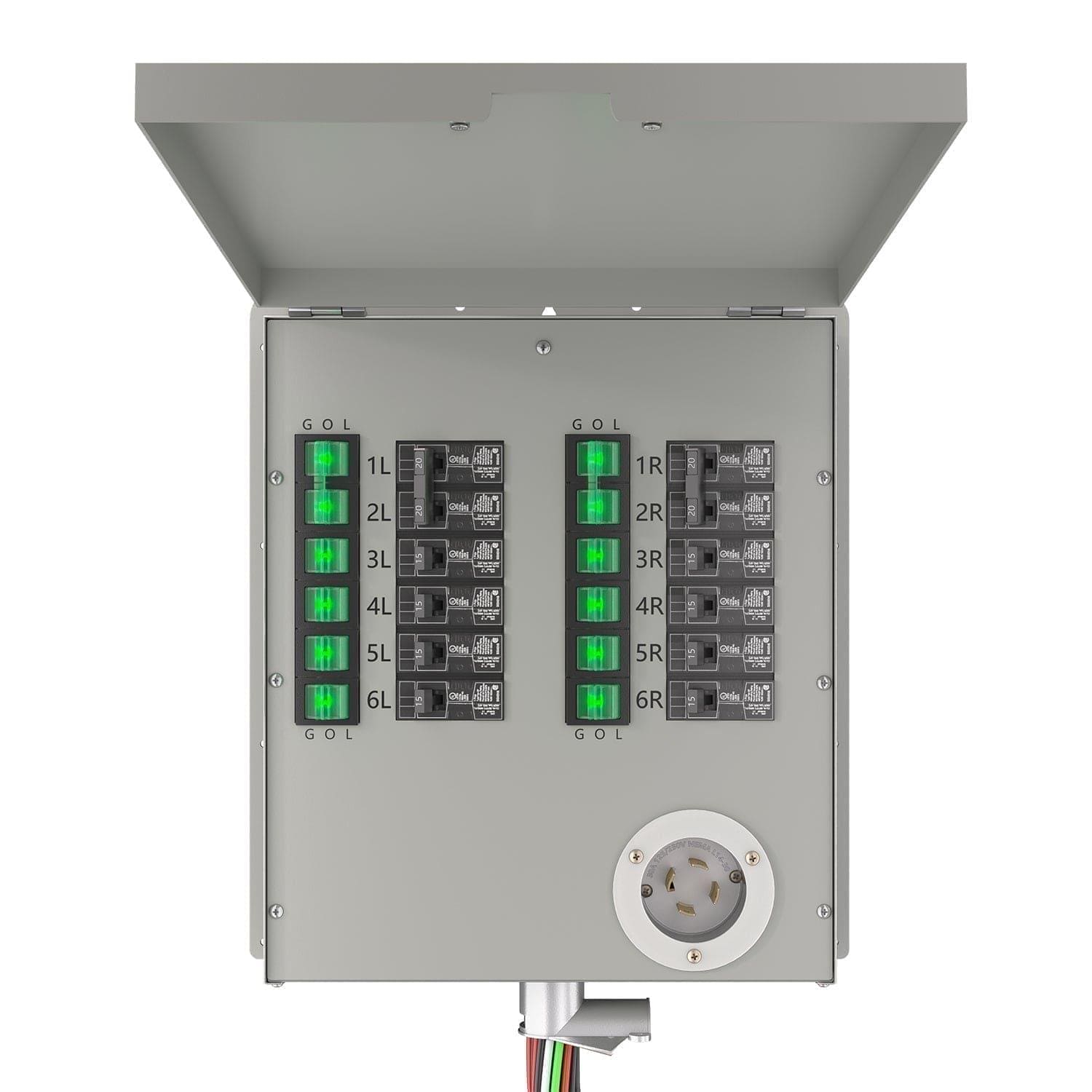 A gray Nature's Generator outdoor electrical breaker box with its lid open, showing twelve circuit breakers with green indicators in two columns, plus a 30 amp round outlet at the bottom right for manual transfer switch generator use.