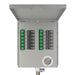 A gray Nature's Generator outdoor electrical breaker box with its lid open, showing twelve circuit breakers with green indicators in two columns, plus a 30 amp round outlet at the bottom right for manual transfer switch generator use.
