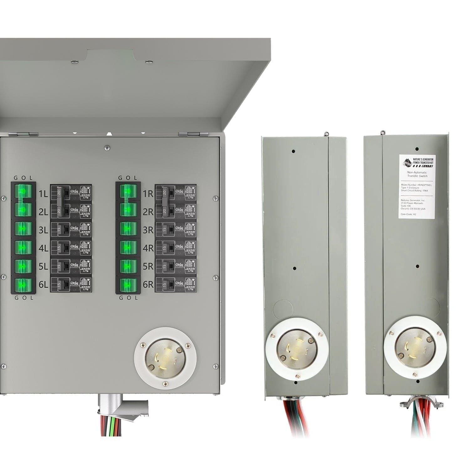 A Nature's Generator metal electrical panel with an open cover reveals circuit breakers and indicator lights. Beside it are two vertical metal boxes—one likely a manual transfer switch for generator setups, featuring circular sockets and wiring below.