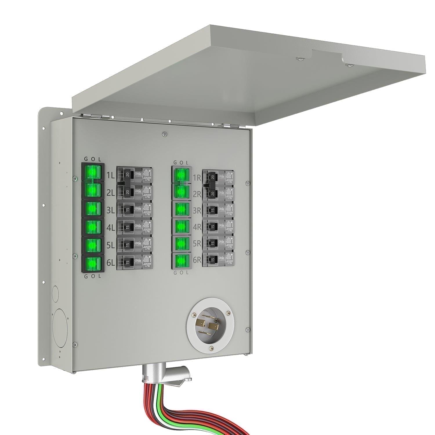 A Nature's Generator metal electrical panel with an open hinged cover displays labeled switches, circuit breakers, green indicator lights, a 30-amp round generator connector at the bottom, and colored wires extending from the base.