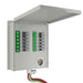 A Nature's Generator metal electrical panel with an open hinged cover displays labeled switches, circuit breakers, green indicator lights, a 30-amp round generator connector at the bottom, and colored wires extending from the base.