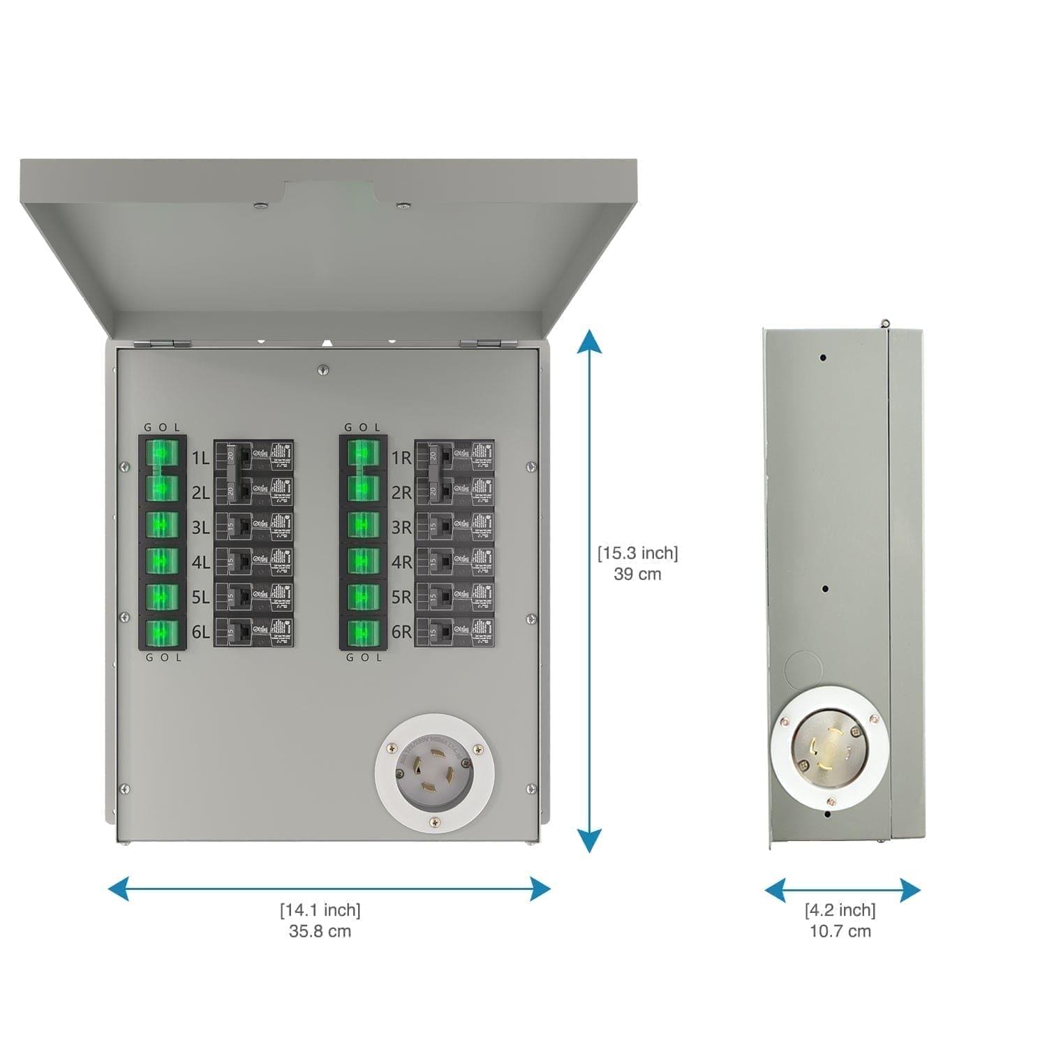 Nature's Generator gray electrical panel features labeled breakers, a 30A round outlet, and manual transfer switch—perfect for generator setups. Shown front/side: 15.3" H x 14.1" W x 4.2" D (39x35.8x10.7 cm).