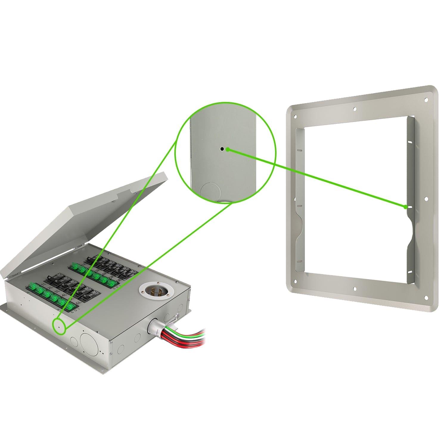 A gray metal electrical box by Nature's Generator is shown flush mounted with its lid open, revealing circuits and wires; a close-up highlights a side hole aligning with the mounting frame for a 12-circuit power transfer switch on the right.