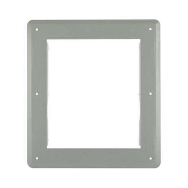A gray rectangular metal wall plate by Nature's Generator features a large central cutout and eight mounting holes, perfect for flush mount installation around wall openings or electrical boxes in Power Transfer Switch setups.