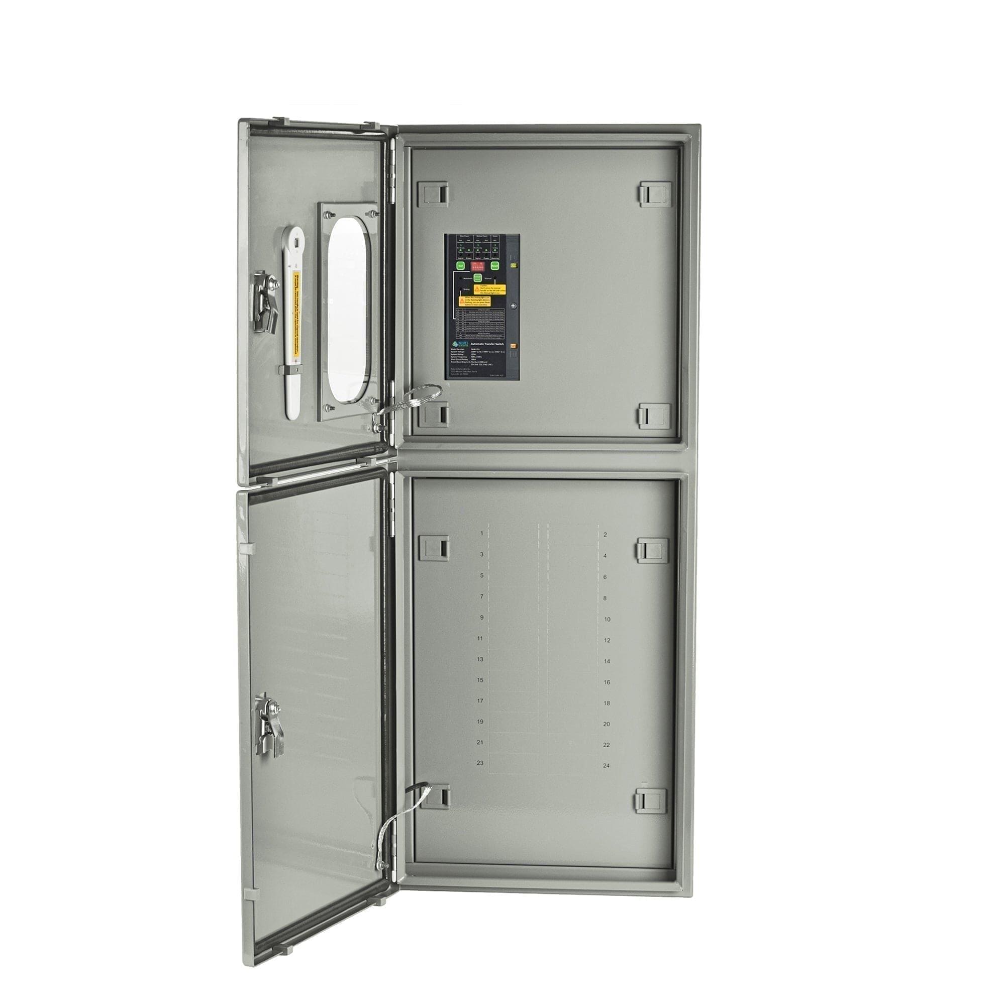 A Nature's Generator metal electrical control panel with two open doors; the upper door features a window and a black control unit with colored buttons, designed for use with automatic transfer switches or solar generators, supporting up to 125A.