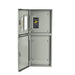 A Nature's Generator metal electrical control panel with two open doors; the upper door features a window and a black control unit with colored buttons, designed for use with automatic transfer switches or solar generators, supporting up to 125A.