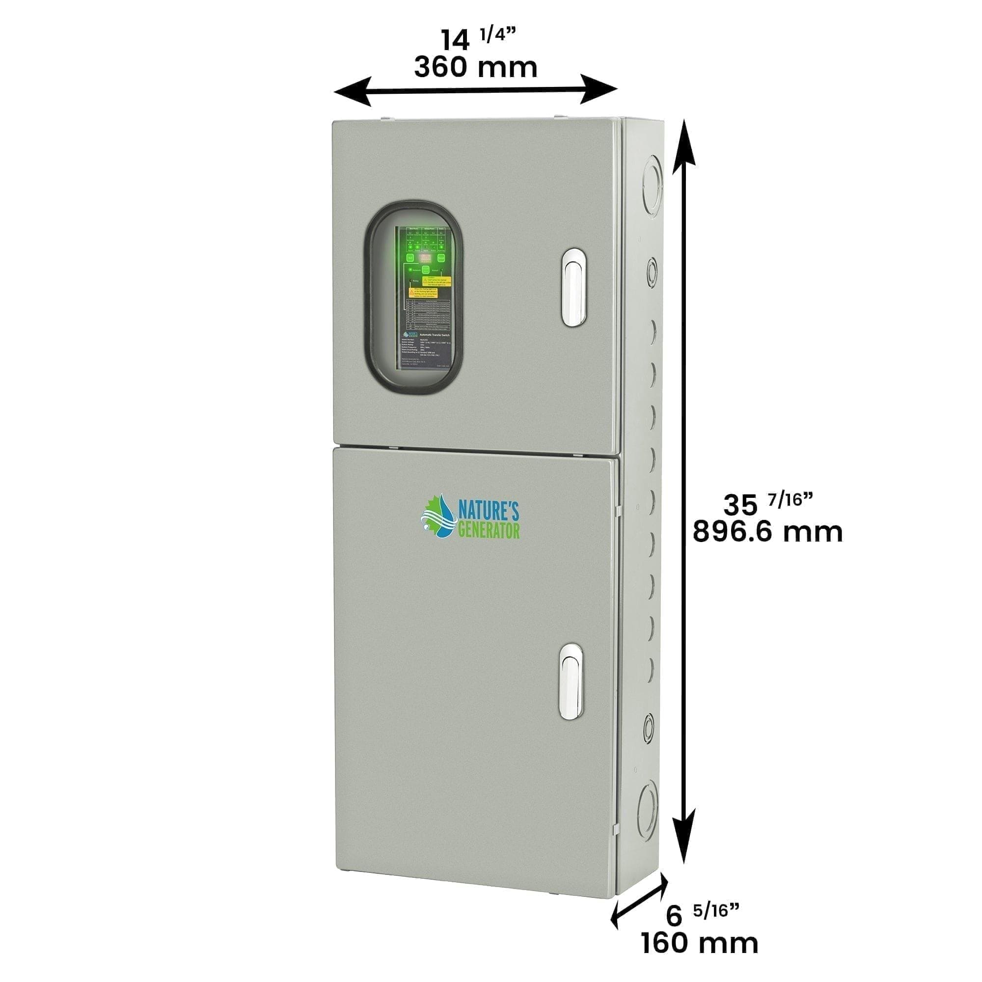 Nature's Generator rectangular electrical panel with two doors and an inset window, measuring 14 1/4 in wide, 35 7/16 in tall, and 6 5/16 in deep, designed for solar generators.