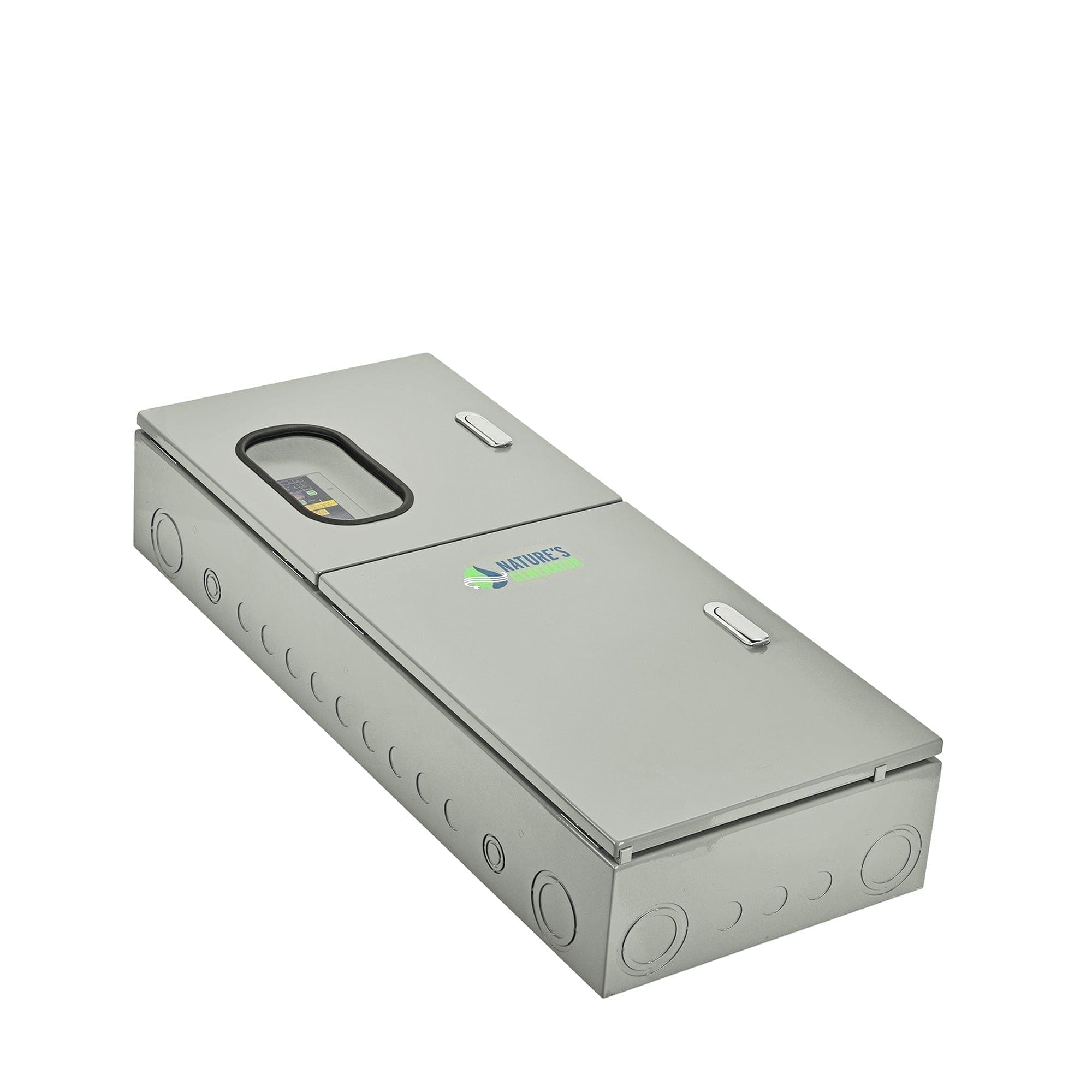 Rectangular metal electrical junction box with sliding lid, fingerprint scanner, and "Nature’s Generator" logo on top. Designed for 125A use with solar generators; features rounded edges and multiple circular knockouts.