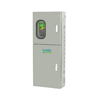 The Nature’s Generator rectangular gray electrical panel has two doors, a clear window showing internal wiring, and side knockouts for wiring access. It features a 125A automatic transfer switch, ideal for solar generator setups.
