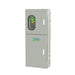The Nature’s Generator rectangular gray electrical panel has two doors, a clear window showing internal wiring, and side knockouts for wiring access. It features a 125A automatic transfer switch, ideal for solar generator setups.