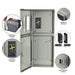 Nature’s Generator gray 125A electrical panel with door open; labels show centralized console, emergency override switch, automatic transfer switch, quick release latches, NEMA-3R enclosure, and 24/48 circuit breaker options. Great for solar generators.