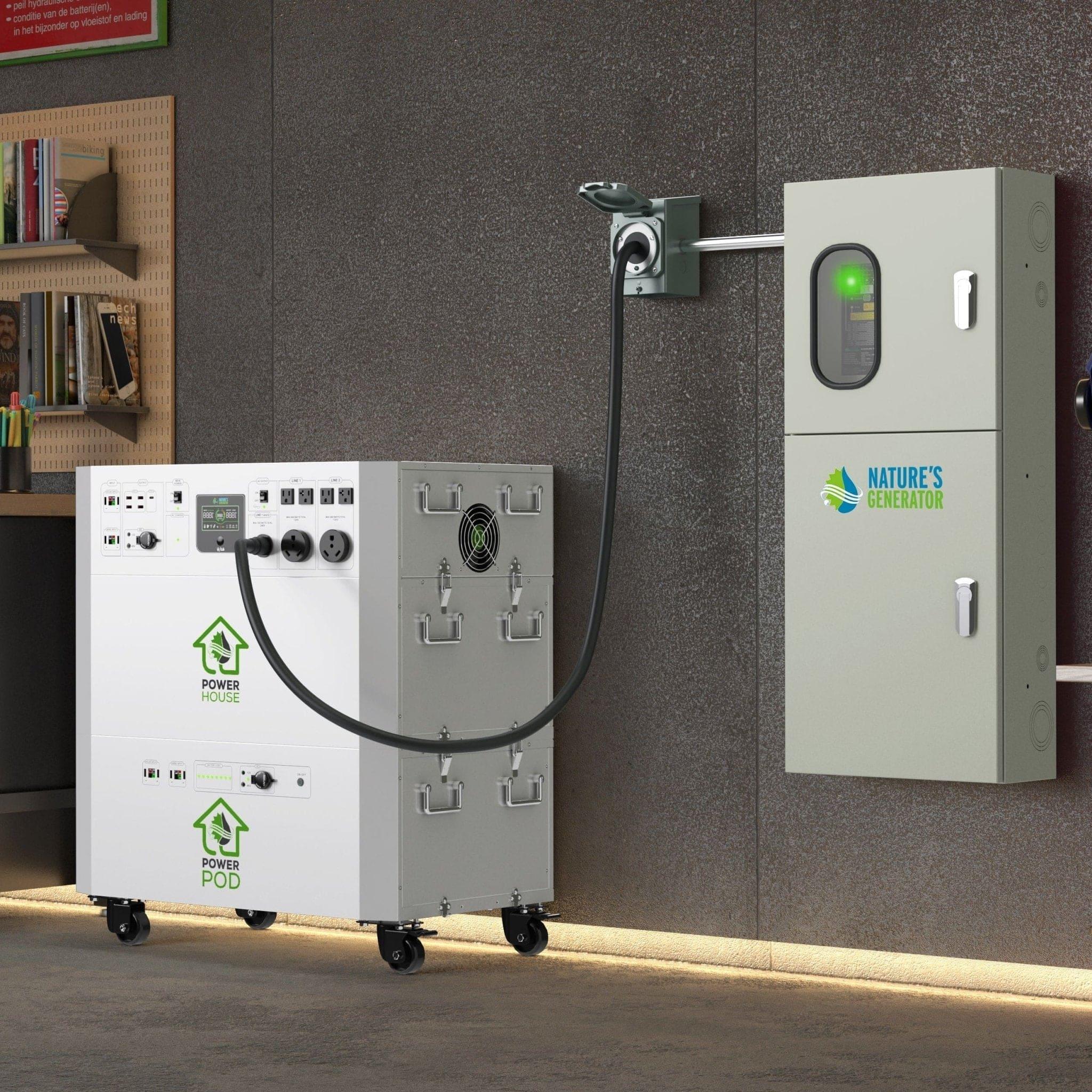 A Nature's Generator portable power generator and Power Pod connect to a wall-mounted control unit via a 30 Amp Power Inlet Box (NEMA L14-30P) in a modern indoor space with shelves in the background.
