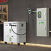 A Nature's Generator portable power generator and Power Pod connect to a wall-mounted control unit via a 30 Amp Power Inlet Box (NEMA L14-30P) in a modern indoor space with shelves in the background.