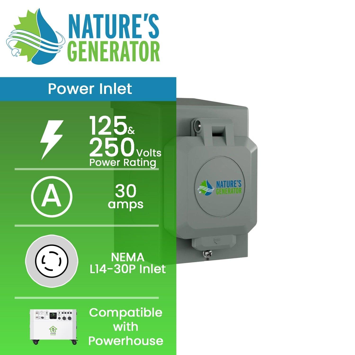 Nature's Generator 30 Amp Power Inlet Box: Gray, 125/250V, NEMA L14-30P inlet, 30 amps. Compatible with Powerhouse. Features Nature’s Generator logo at top left.