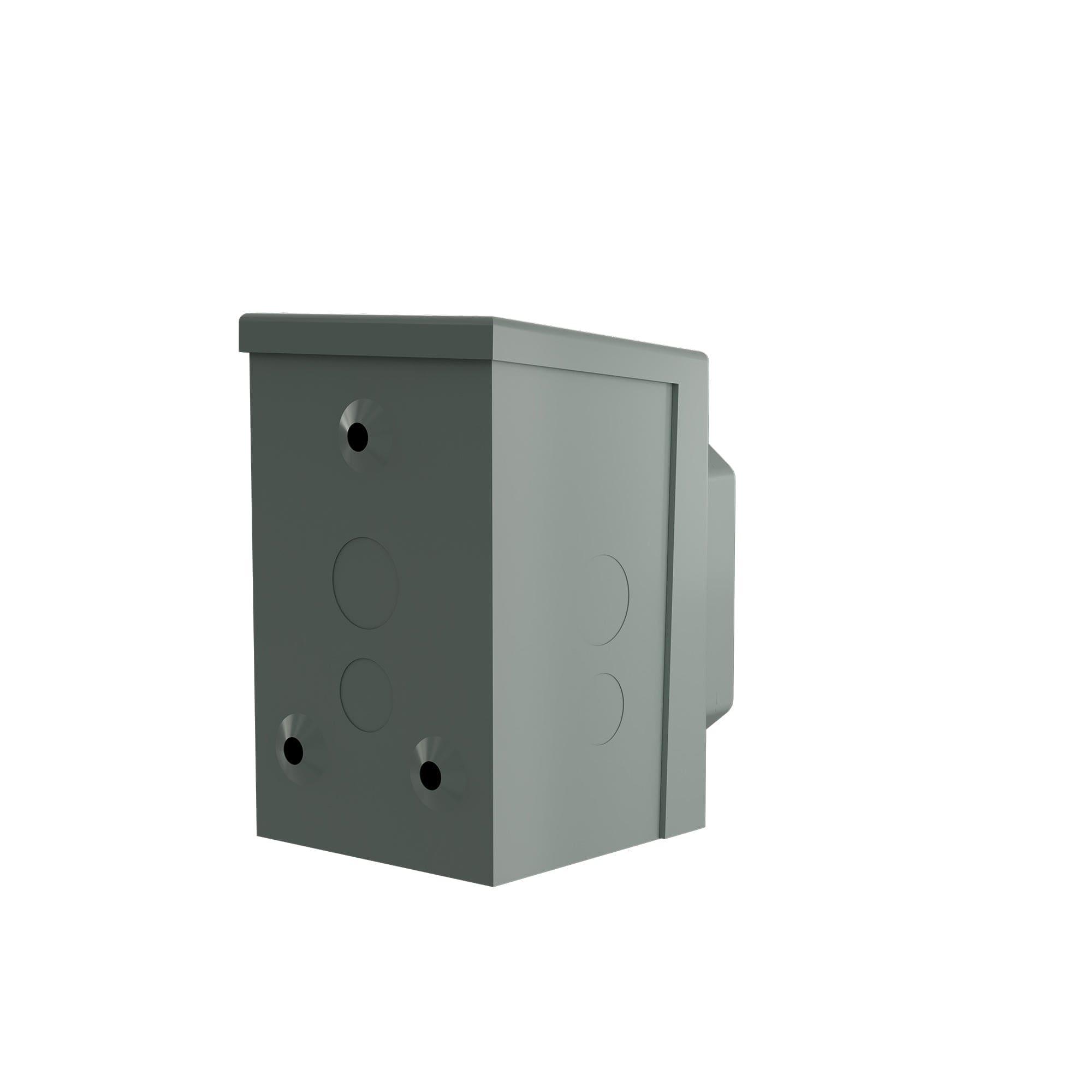 A gray, rectangular Nature's Generator 30 Amp Power Inlet Box is shown at an angle with four circular knockout holes and four screw holes on its side and back panels, set against a white background.