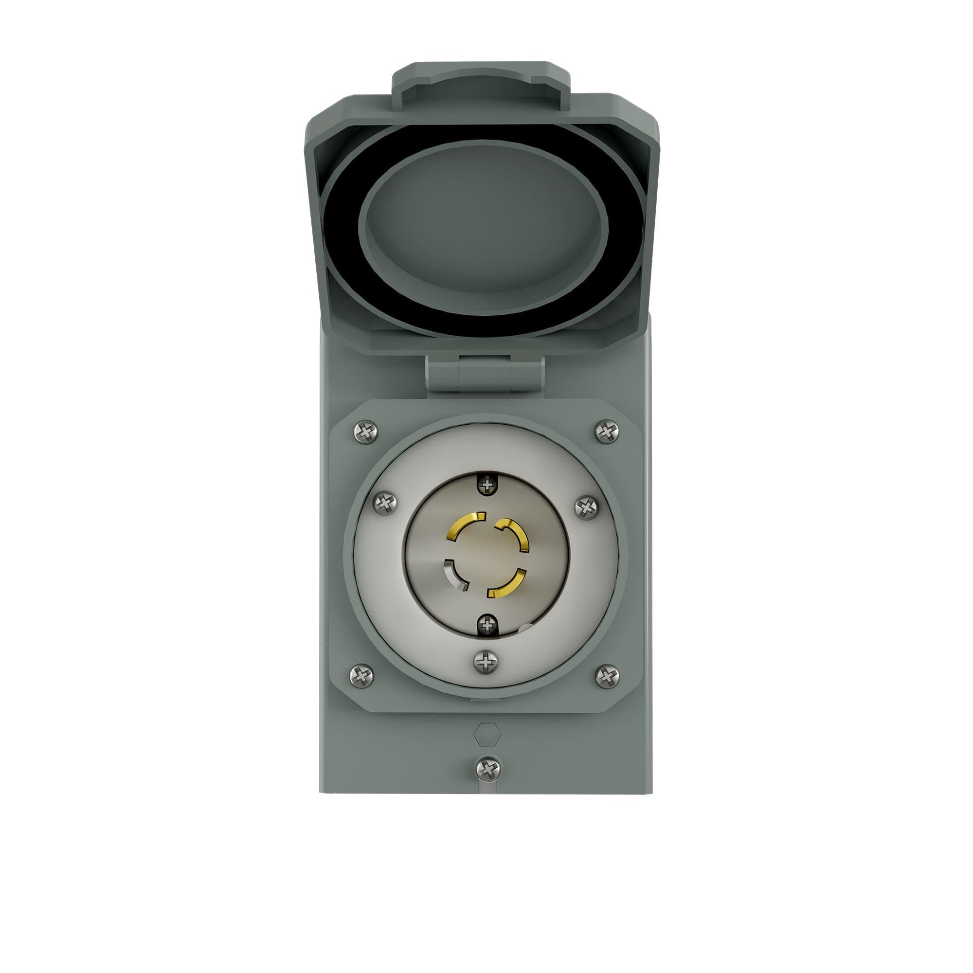 A gray Nature's Generator 30 Amp Power Inlet Box with a round, locking NEMA L14-30P receptacle and flip-up cover is shown open, revealing four yellow metal contacts inside the generator socket.