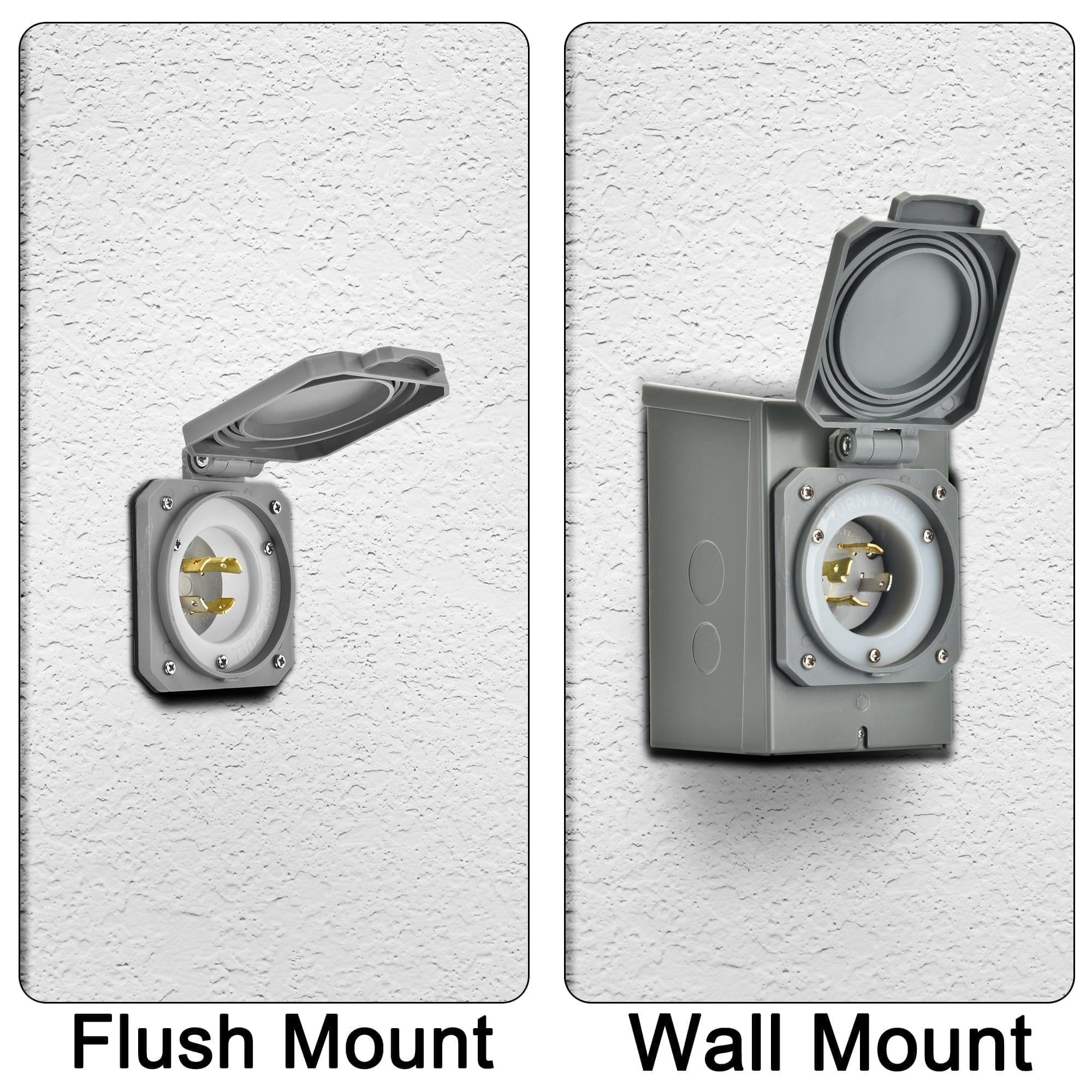Side-by-side comparison: On a textured wall, the left "Flush Mount" outlet is flat, while the right "Wall Mount" protrudes like Nature's Generator 30 Amp Power Inlet Box with NEMA L14-30P.