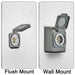 Side-by-side comparison: On a textured wall, the left "Flush Mount" outlet is flat, while the right "Wall Mount" protrudes like Nature's Generator 30 Amp Power Inlet Box with NEMA L14-30P.