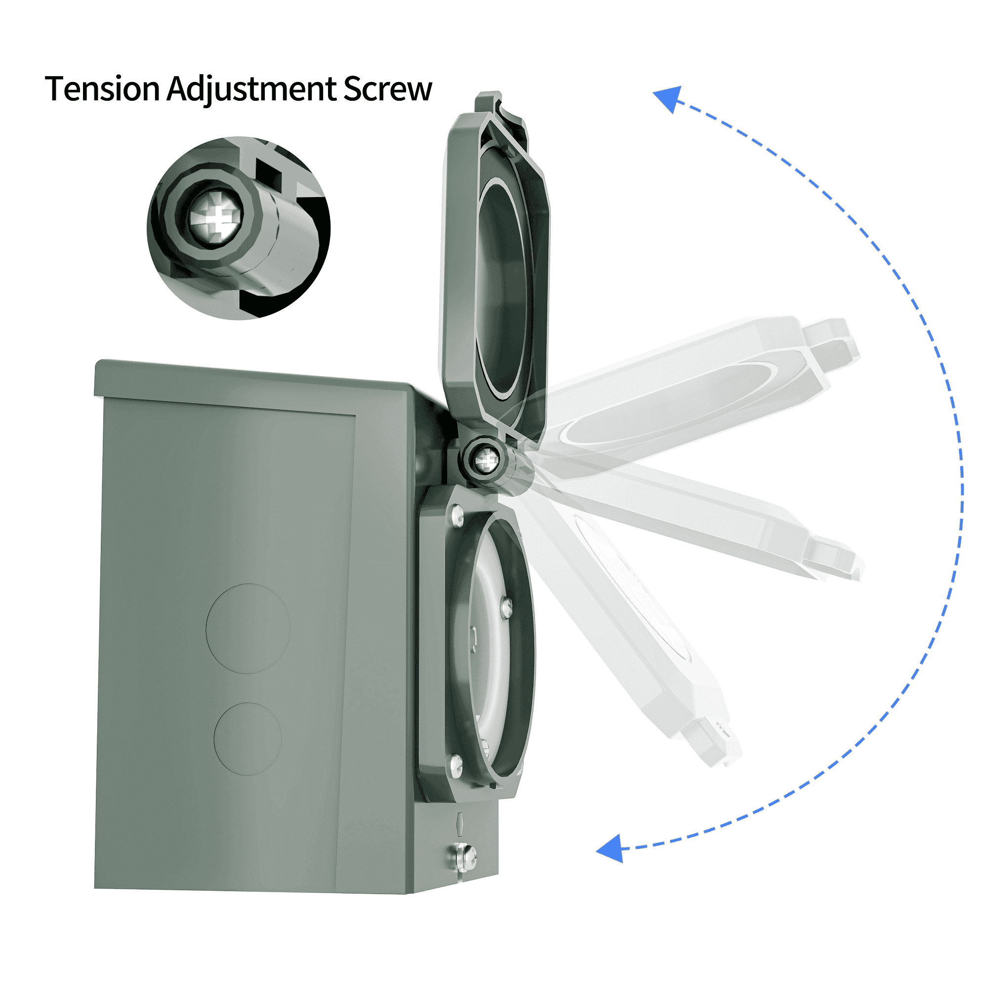A Nature's Generator 30 Amp rectangular outdoor power inlet box with a hinged cover is shown. The image features the cover in various open positions with an arrow and highlights the tension adjustment screw in an inset.