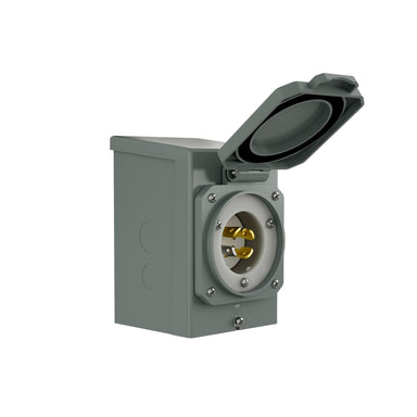 A Nature's Generator gray 30 Amp Power Inlet Box with flip-up lid, featuring a round NEMA L14-30P receptacle and three visible prongs for connecting to a generator inlet box or power source.